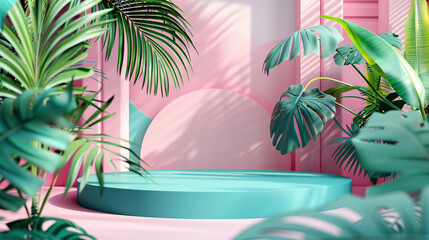 3D illustration of a stage with palm leaves and sunlight, suitable for beauty product displays