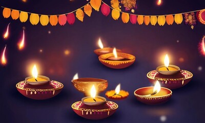 Happy Diwali background Clay Diya lamps lit during Diwali festival, Hindu pooja concept background