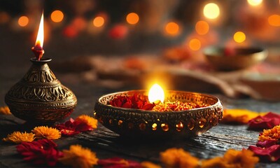 Happy Diwali background Clay Diya lamps lit during Diwali festival, Hindu pooja concept background