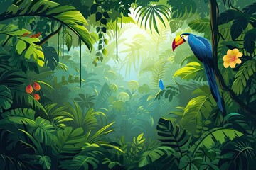 Illustrate a lush rainforest with exotic animals