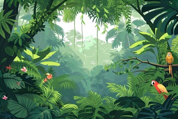 Illustrate a lush rainforest with exotic animals