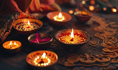 Happy Diwali background Clay Diya lamps lit during Diwali festival, Hindu pooja concept background