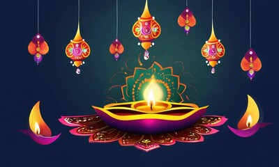 Happy Diwali background Clay Diya lamps lit during Diwali festival, Hindu pooja concept background