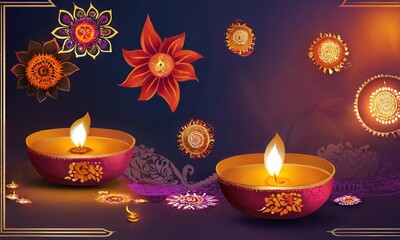 Diwali celebration Indian festival of lights Diya oil lamp and colors Rangoli decoration bright colorful flowers