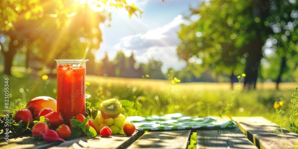 Wall mural glass of juice on wooden table