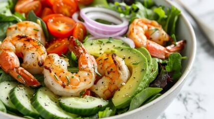 Vibrant and Fresh Salad Bowl with Grilled Shrimp in Modern Kitchen Setting