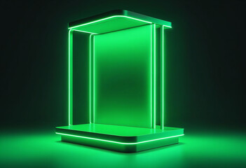 Glowing neon green podium with a sleek minimalist design, perfect for product display and presentations