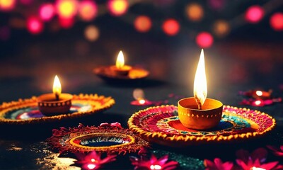 Diwali celebration Indian festival of lights Diya oil lamp and colors Rangoli decoration bright colorful flowers