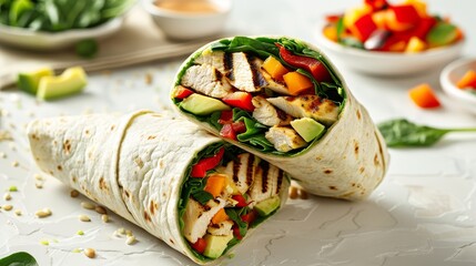 Fresh and Colorful Grilled Chicken and Veggie Wrap with Fruit Salad on Clean Table Setting