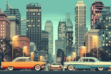 Retro-style cityscape with cars