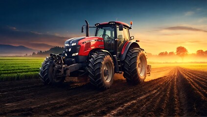 Fototapeta premium A farmer in a tractors and harvester working in the field to prepares the ground . Agriculture concept suitable for production. A tractor on a soybean farm in the spring sunset. generative ai