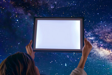 Serene starry night provides a backdrop for a woman holding a wide digital frame.