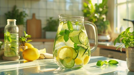 Refreshing Infused Water in Glass Pitcher with Lemon, Cucumber, and Mint on Kitchen Counter under Sunlight