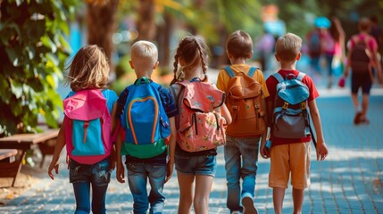 Five children with colorful backpacks walking on a paved path towards school, symbolizing education, friendship, and outdoor activities, back view