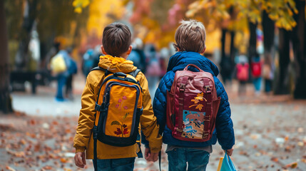 Two young boys in winter jackets and backpacks walking hand in hand to school on a rainy autumn day, back view