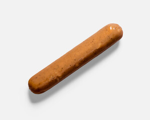 Grilled sausage on white background, top view. Ingredient for hot dog