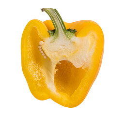 Yellow bell pepper cut in half and isolated on a white background