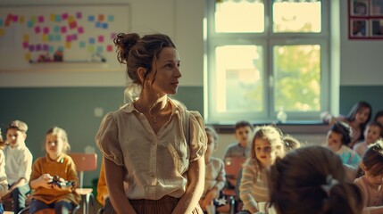 A teacher stands in front of a classroom, engaging students in a lively discussion, with sunlight streaming through the windows.