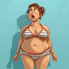 shocked overweight woman in retro swimsuit in blue.comic style
