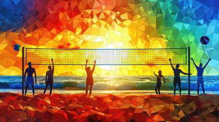 A colorful painting of a volleyball game with a group of people on a beach