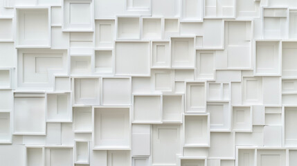 A gallery wall featuring a tightly packed group of small plain white frames, each frame just millimeters apart, creating an almost seamless white field.