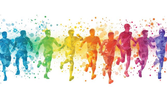 A group of people running in a rainbow line
