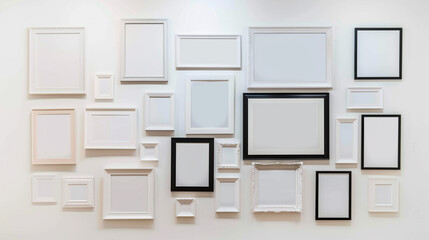 A gallery wall featuring a random arrangement of various-sized plain white frames, each slightly askew to challenge traditional gallery norms.