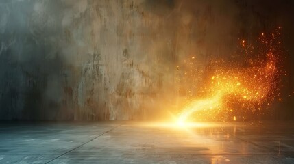 Obraz premium A dimly lit room featuring a yellow light source at its center contrasting against a black wall backdrop