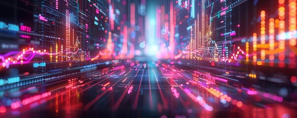 Financial market analysis using machine learning, holographic charts, vibrant colors, futuristic interface, high resolution,