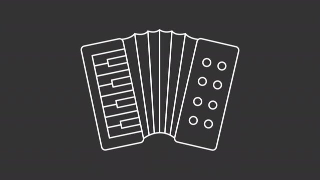 Animated accordion white icon. Squeezebox line animation. Musical instrument squeezing. Music entertainment. Isolated illustration on dark background. Transition alpha video. Motion graphic