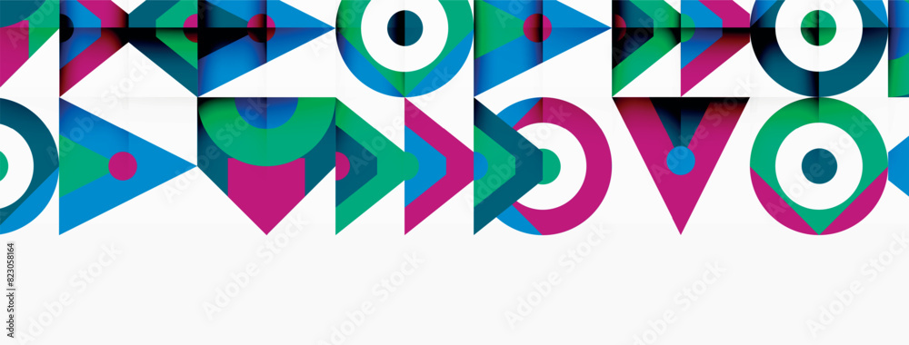 Poster A row of vibrant geometric shapes against a plain white backdrop showcasing different figures like rectangles, circles, and triangles in various colors