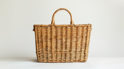  A wicker basket atop a white table against a white wall backdrop