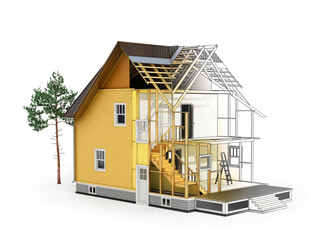 Concept of construction and architect design. 3d render of house in building process with tree. Transition from sketch to model. We see constituents of roof frame and insulation layer.