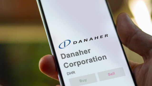 April 09th 2024 , Washington, D.C.. Close up on logo of Danaher Corporation on the screen of an exchange. Danaher Corporation price stocks, $DHR on a device.