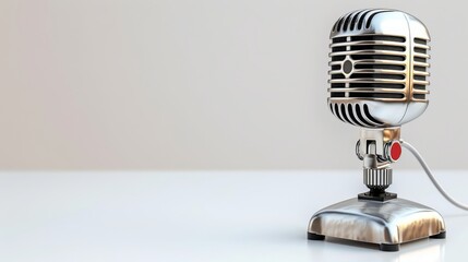  An old-fashioned microphone is plugged into a charger, with its cord attached