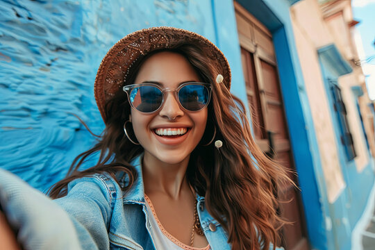 Young trendy woman taking selfie using mobile phone camera