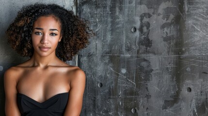 Fototapeta premium A woman in a strapless black dress poses before a grungy concrete wall for a photo