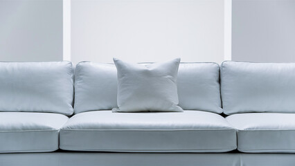 A plush white couch holding a pillow, framed by a white background.
