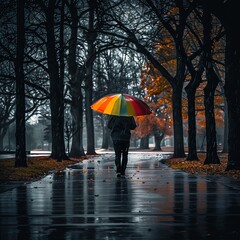 A lone pedestrian under a colorful umbrella walking through a deserted park during a torrential downpour, wet paths and dripping trees around