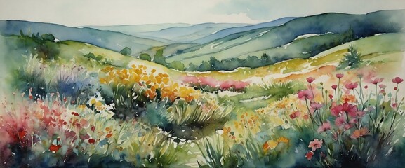watercolor painting summer landscape with flowers on hills of valley, watercolor painting of meadow banner, artwork wallpaper 