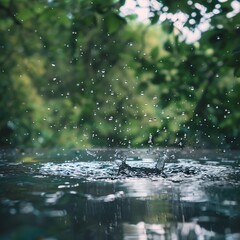 Close-up of raindrops splashing on a dark puddle, with blurred green foliage in the background, emphasizing the intensity of a rainstorm