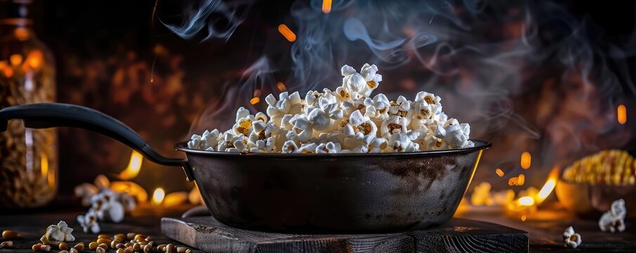 Rustic setting with freshly popped popcorn in an iron skillet, with smoke rising and corn kernels in the background.