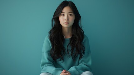  Woman in lotus position, hands folded, facing teal backdrop