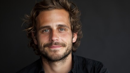 Obraz premium A tight shot of a bearded man in a black shirt, grinning
