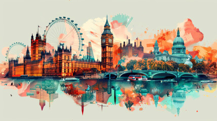 Fototapeta premium a collage of London sights and landmarks, architecture, big ben, times river, geometric, futuristic, minimalistic, vintage, trendy, illustrations