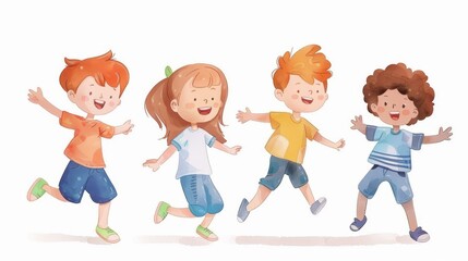 Group of Children Running and Jumping Together
