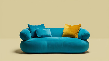 A sleek turquoise sofa with two pillows, displayed on a bright yellow backdrop.
