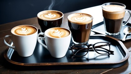 An array of coffee cups with intricate latte art presented on a dark tray, next to a pair of reading glasses, invites indulgence.. AI Generation