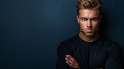 Naklejka premium A man, arms crossed, stands before a blue wall His crossed arms are positioned in front of him