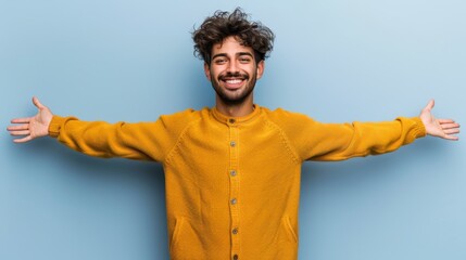  A man, clad in a yellow sweater, grins broadly while extending his arms to the sides, posing with hands on hips